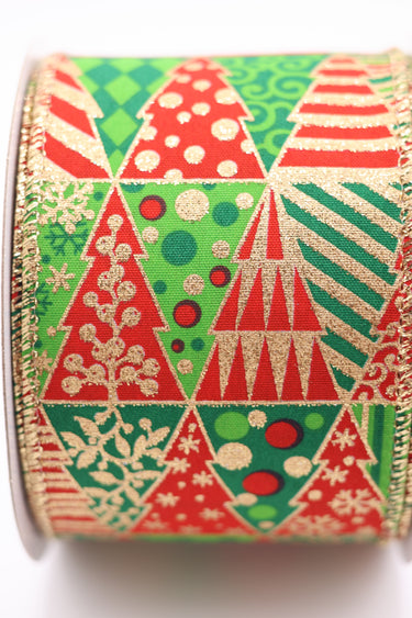 Christmas Tree Pattern Ribbon - Red/Green/Gold - 2.5" x 10YD