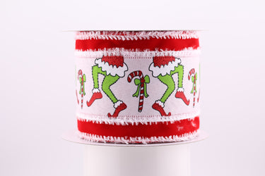 Wide holiday ribbon with Grinch legs, candy canes, and fuzzy red trim
