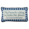 Reservations needlepoint pillow front view with ivory text panel, blue patterned border, and navy piping