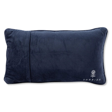 Reservations needlepoint pillow back view with navy velvet backing and embroidered Furbish logo