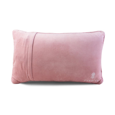 Sharpest Tool needlepoint pillow back view with blush pink velvet backing and embroidered Furbish logo