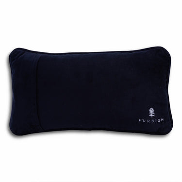 We Cannot Do This Sober needlepoint pillow back view with dark blue velvet backing and embroidered Furbish logo