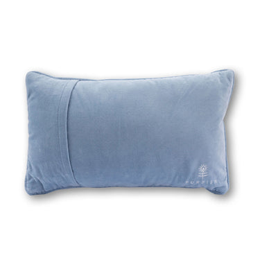 Spill the Tea needlepoint pillow back view with light blue velvet backing and embroidered Furbish logo