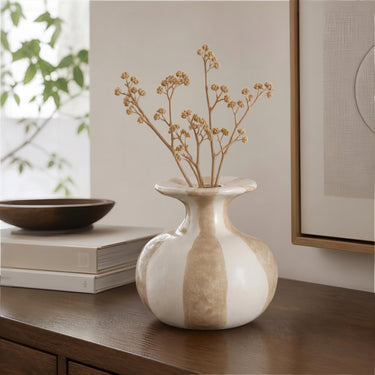 Stoneware Organic Shaped Striped Vase | Neutral Decorative Vase