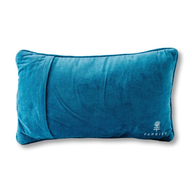 Straight needlepoint pillow back view with bright blue velvet backing and embroidered Furbish logo