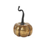 Small antique gold cast aluminum Totem Pumpkin with rounded segments and a tall curled dark stem on a white background.