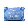 Try Me needlepoint pillow front view with light blue background, blue decorative accents, and mom quote