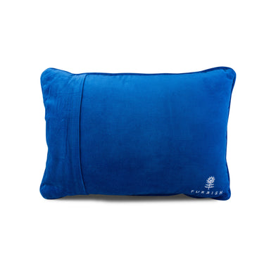 Try Me needlepoint pillow back view with bright blue velvet backing and embroidered Furbish logo
