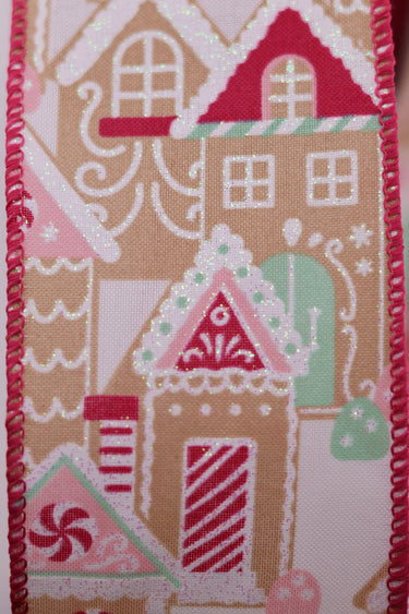 Gingerbread House Ribbon, Red & Pink, 2.5" x 10Y