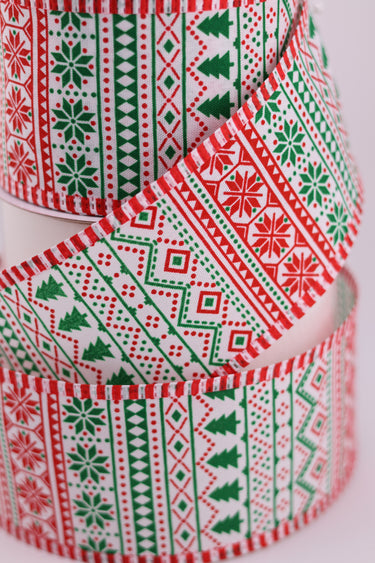Close-up of Nordic holiday ribbon with geometric winter patterns
