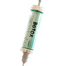 Cody Foster Wrinkle Free glass ornament shaped like a Botox-style syringe with pale aqua barrel, black lettering, silver glitter accents, and hanging cord.