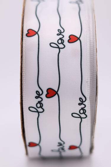 Love Script Ribbon – White with Red Hearts (1.5" x 10yd)