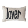 Cream lumbar pillow with embroidered "lover" in grey melange thread