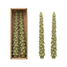 Set of two unscented cedar green tree-shaped taper candles, 10 inches tall