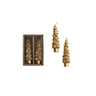 Set of two metallic gold mini tree-shaped taper candles, 4.75 inches tall, in gift box.