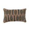 Natural cotton lumbar pillow with teal geometric embroidery and fringe trim, 24 x 14 inches