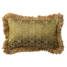 Olive green and gold jacquard brocade lumbar pillow with fringe trim and velvet back, 16 x 10 inches