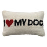 Natural cotton lumbar pillow with black lettering and red heart reading I Love My Dog, 14 x 9 inches