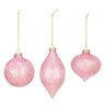 Embossed Iridescent Pink Glass Ornaments (3 Assorted) 3.75"H x 3.25" Dia, 4"H x 3.25"Dia, 5.25"H x 2.75"Dia