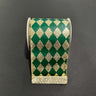 Green and gold checkered ribbon on a dark gray background