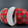 Red and green checkered ribbon on a spool against a dark background