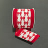 Decorative ribbon featuring repeating red bows and wired edges for shaping