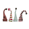 Set of four knit holiday bottle toppers with red, green, and white stripes, pom poms, and jingle bells.