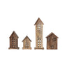Set of four natural carved mango wood houses in varying sizes made from mango wood.
