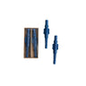 Set of 2 navy unscented nutcracker-shaped taper candles, 10 inches tall.